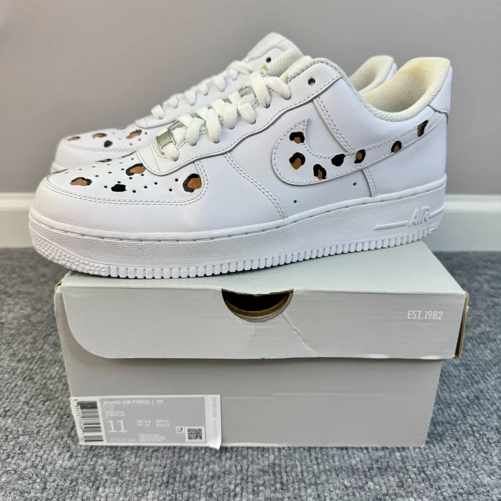 Nike Air Force 1 '07 Shoes Womens Size 11 White Custom Cheetah Print Sneakers‎